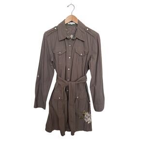 3J Workshop Johnny Was Pinstripe Snap Utility Shirt Dress Sz M Floral Embroidery